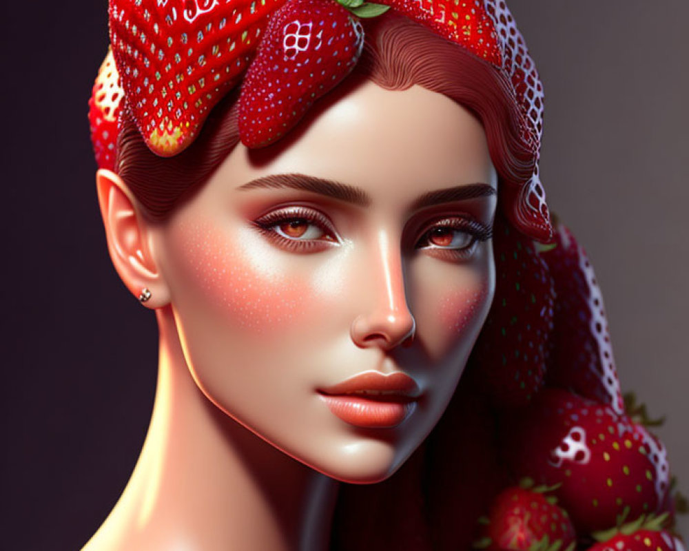 Stylized portrait of woman with strawberry-themed hair and makeup