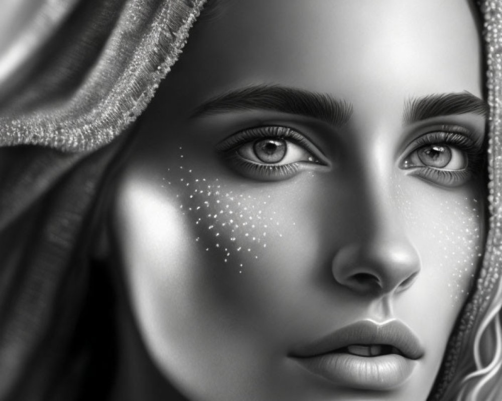 Monochrome digital portrait of a woman with hood, detailed eyes, freckles