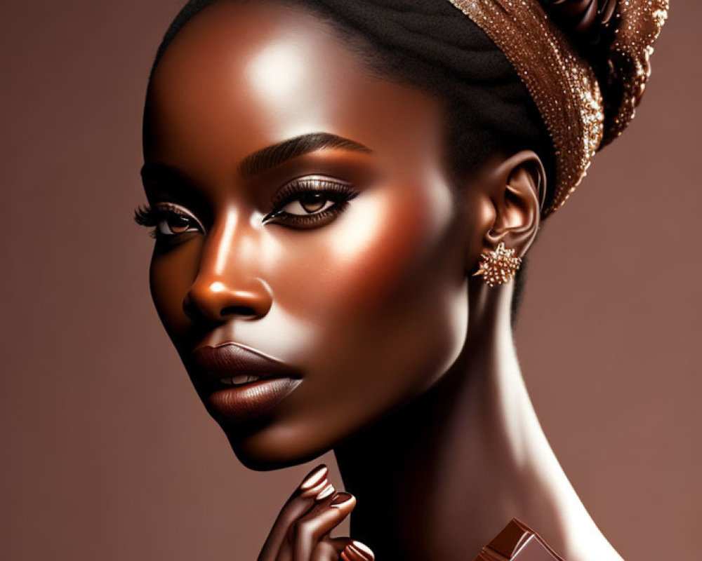 Portrait of woman with striking makeup and headwrap holding chocolate