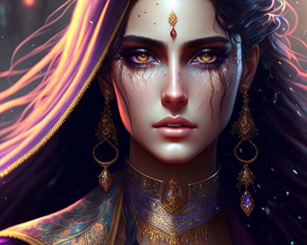 Digital portrait: Woman with long black hair, golden highlights, piercing eyes, intricate jewelry, mystical glowing