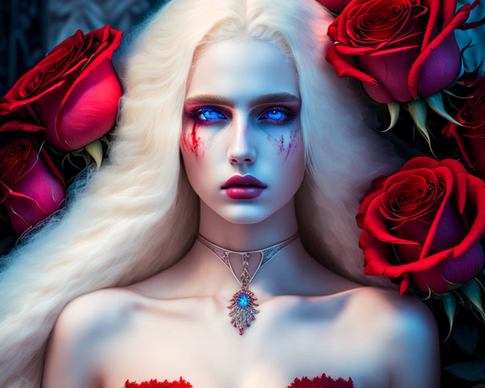 Portrait of person with platinum blonde hair and blue eyes surrounded by red roses on blue background