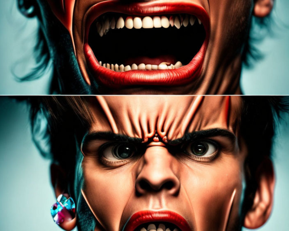 Close-Up Images of Person's Face in Scream with Exaggerated Expressions