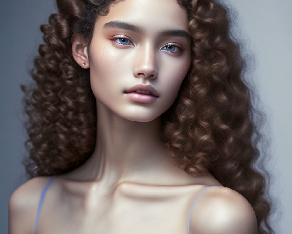 Portrait of young woman with curly hair and blue eyes in light blue off-shoulder dress