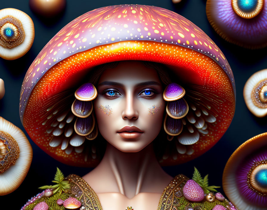 Fantastical digital artwork of woman with mushroom cap hat and colorful surroundings