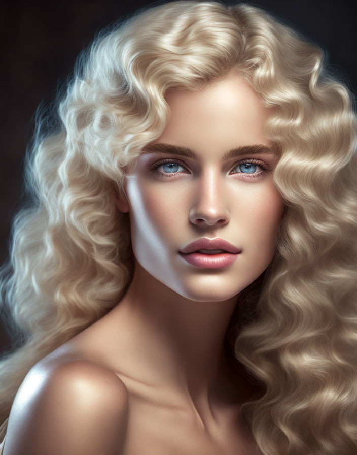 Blonde Curly Hair Woman Portrait on Dark Background