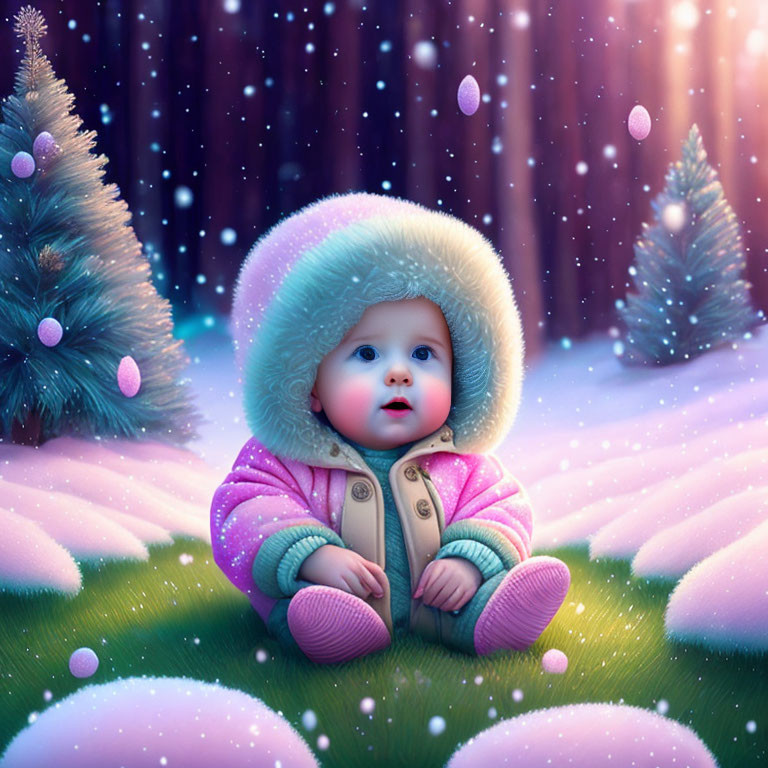 Baby in Colorful Winter Outfit Surrounded by Snowy Pine Trees