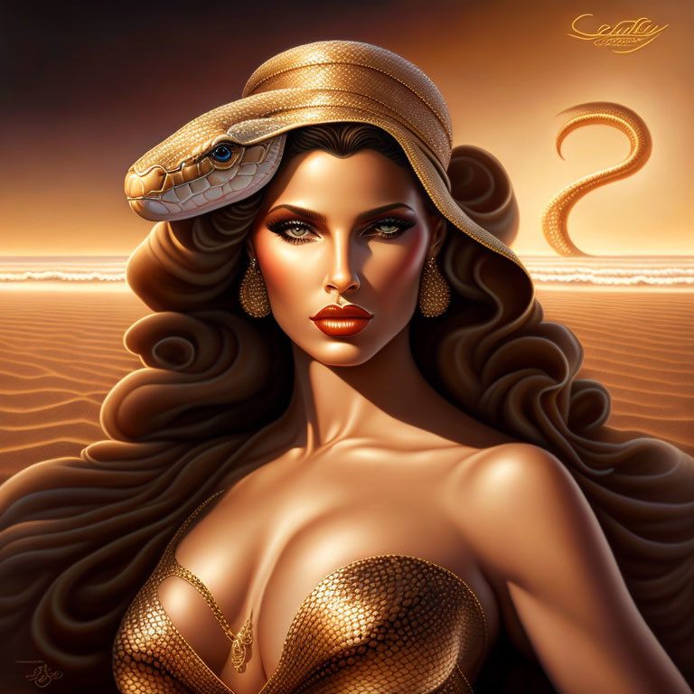 Illustrated woman with flowing hair and gilded snake in desert.