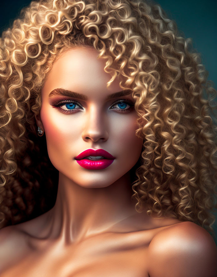 Portrait of woman with voluminous curly blond hair and blue eyes on teal background