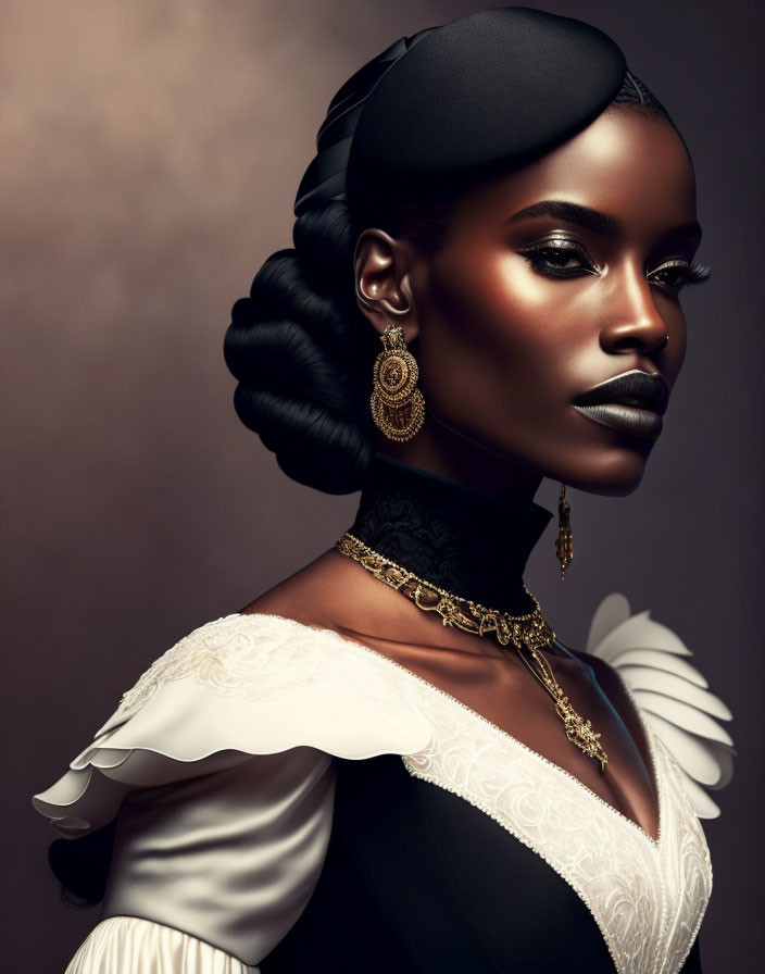 Elegant woman with black headwrap, choker, and gold jewelry on brown backdrop