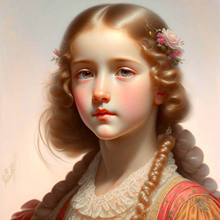 Digital portrait of young girl with curly hair, adorned with flowers, in lace-collared dress