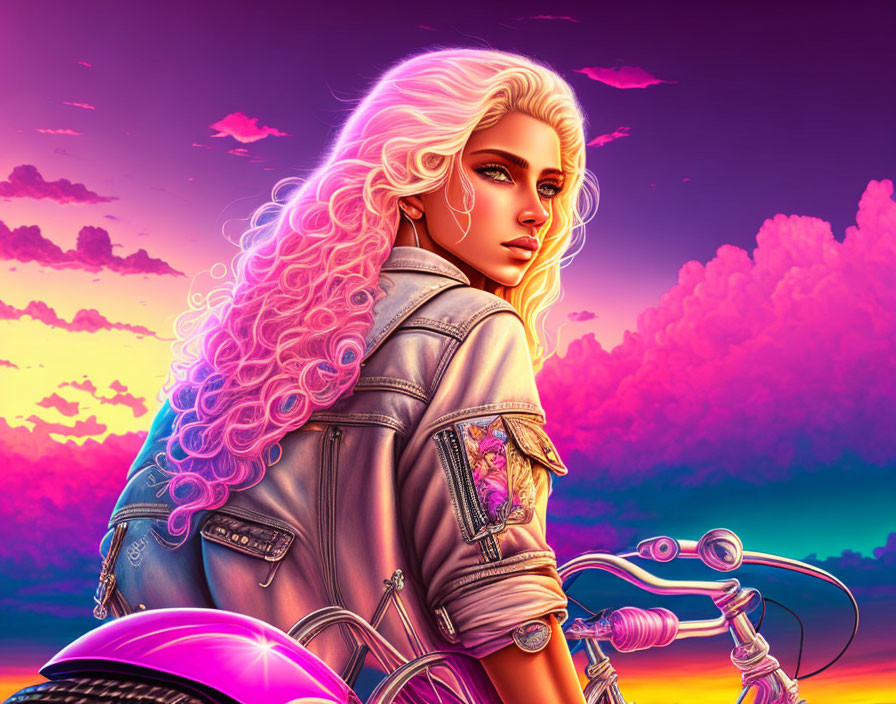 Blonde woman in denim jacket with sunset sky and motorcycle handlebar.