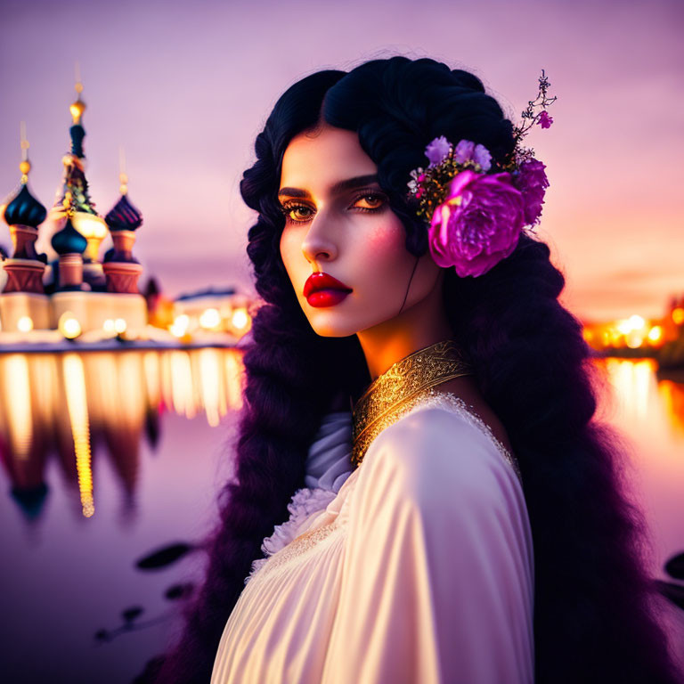 Dark-haired woman with floral accessory by water near colorful domed building at sunset