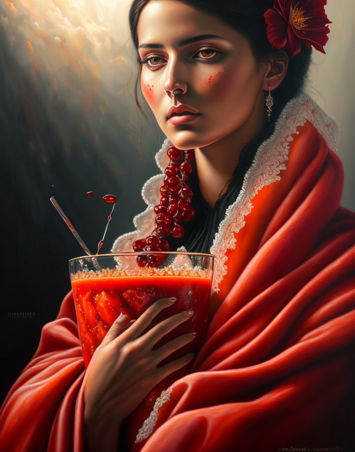 Woman with strawberries in glass bowl, red shawl, and flower in hair.