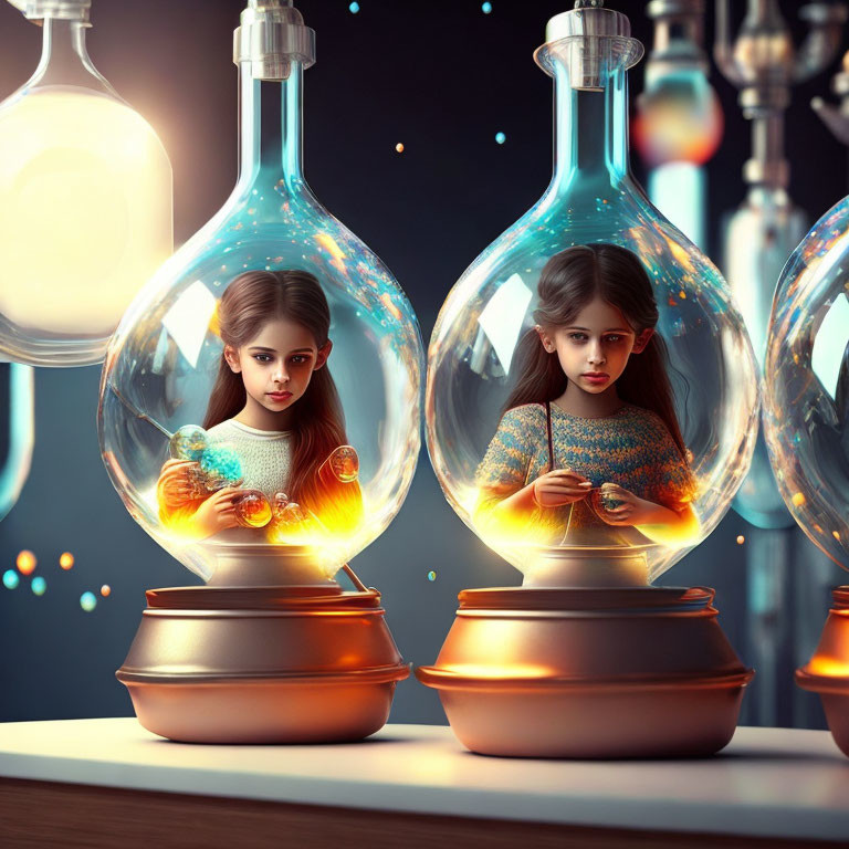 Identical girls in lightbulb vessels with floating orbs in starry setting