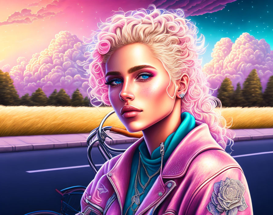 Digital artwork: Woman with pink curly hair and blue eyes in leather jacket, neon-lit sky &