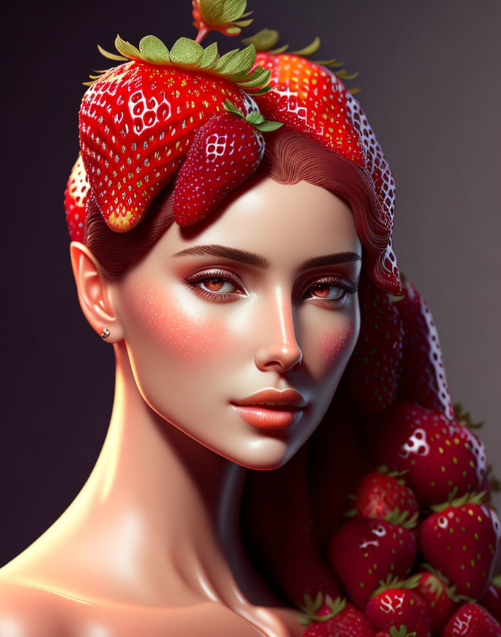 Stylized portrait of woman with strawberry-themed hair and makeup