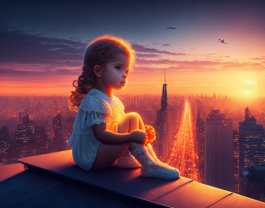 Digital artwork: Young girl on rooftop gazing at futuristic cityscape sunset