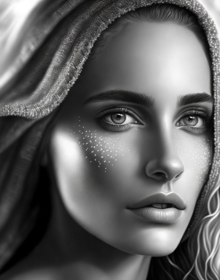 Monochrome digital portrait of a woman with hood, detailed eyes, freckles