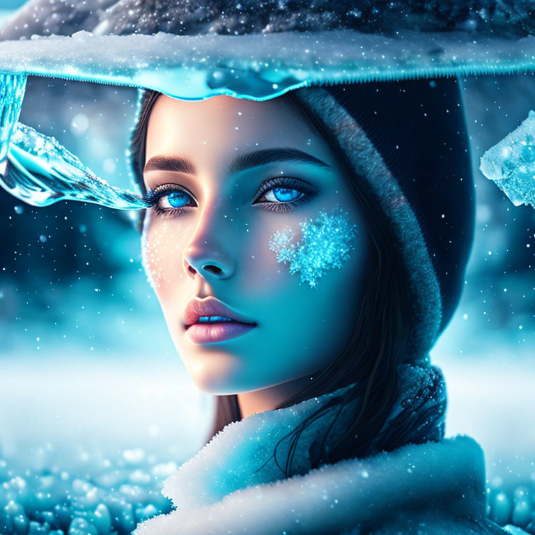 Woman with Blue Eyes in Winter Setting and Snowflake on Cheek