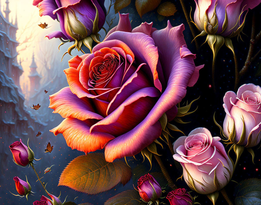 Colorful digital art: Multi-colored roses, mystical castle backdrop, flying petals, twilight ambiance