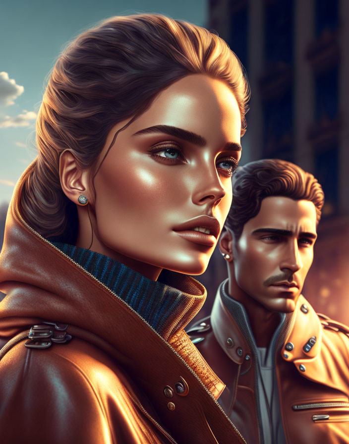 Digital illustration of woman with striking blue eyes and man in stylish brown leather jackets exuding confidence