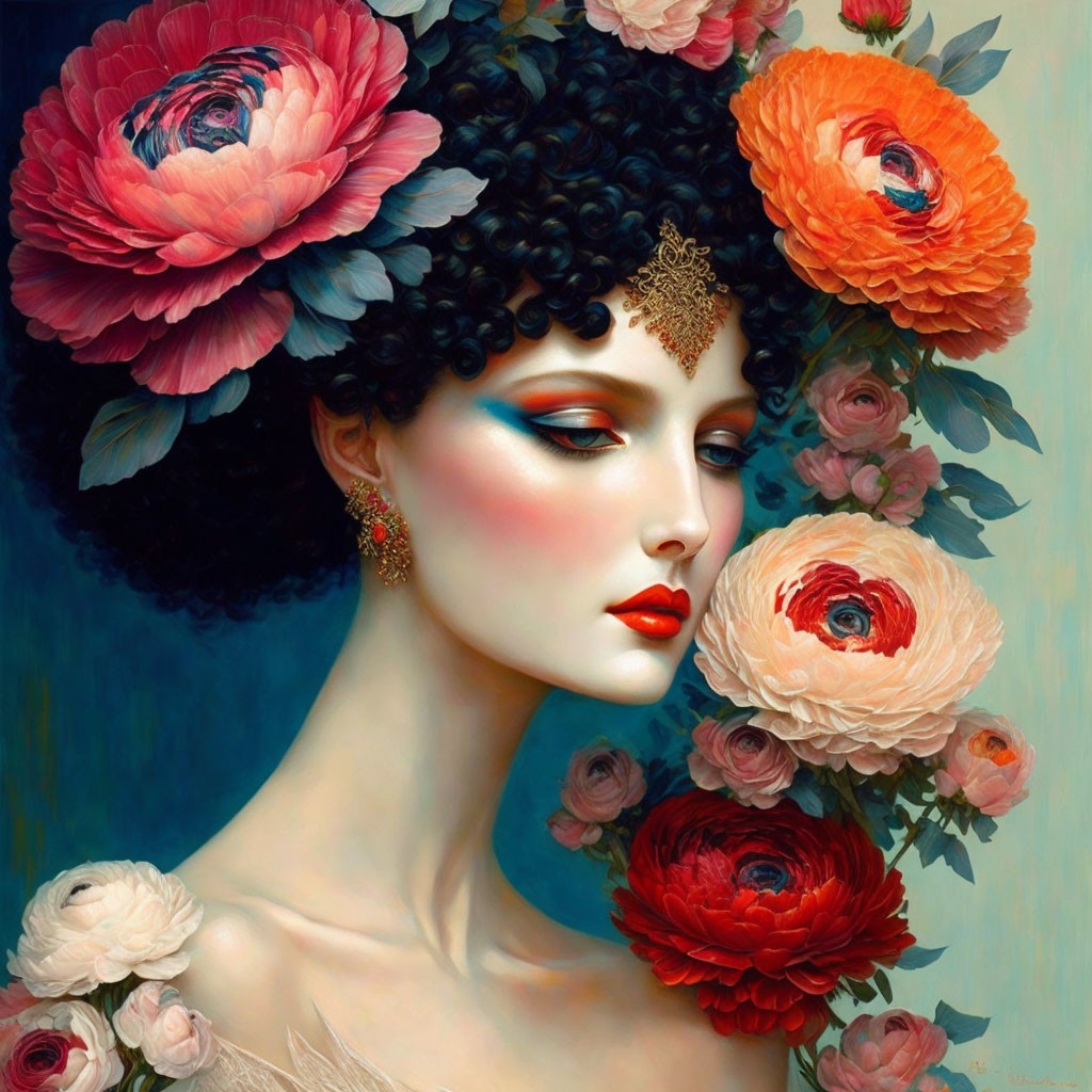 Portrait of Woman with Curly Black Hair and Gemstone Headpiece Among Pink and Orange Blossoms