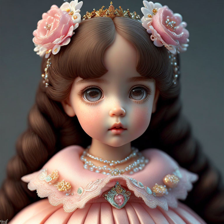 Close-Up of Doll with Large Eyes, Braided Hair, Pink Dress, and Crown