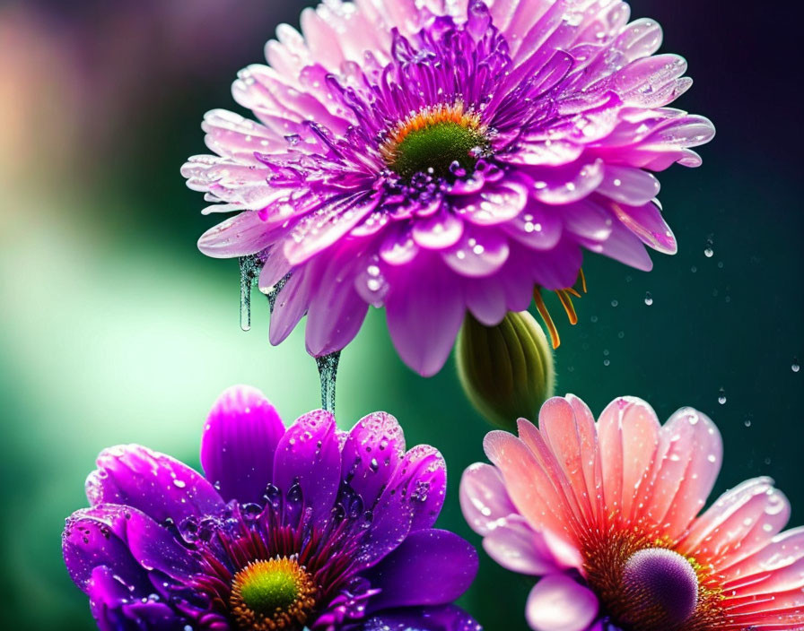 Colorful flowers with water droplets on petals against green backdrop