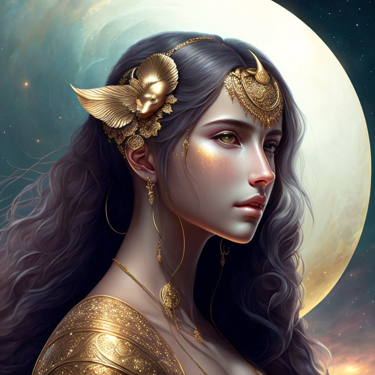 Illustrated woman with dark hair and owl headpiece under full moon