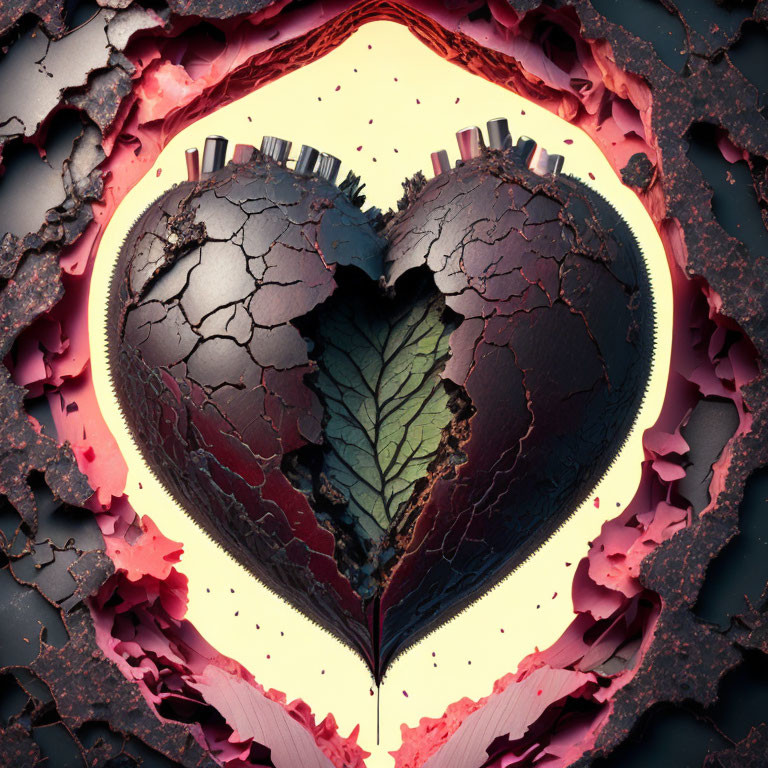 Heart-shaped opening with leaf, yellow light, cracked ground, city silhouettes