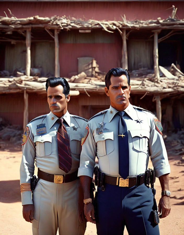 Illustrated police officers in front of building with serious demeanor