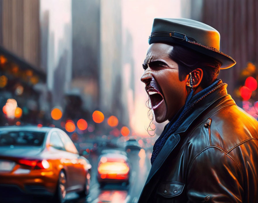 Person in leather jacket shouting in city scene with blurred lights and cars.