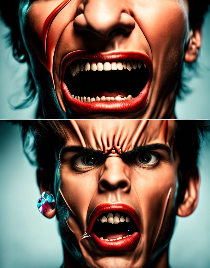 Close-Up Images of Person's Face in Scream with Exaggerated Expressions