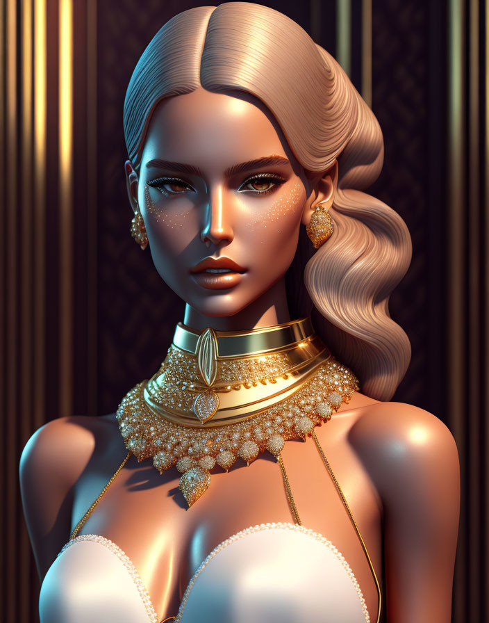 3D Rendered Image of Woman with Blonde Hair and Gold Jewelry