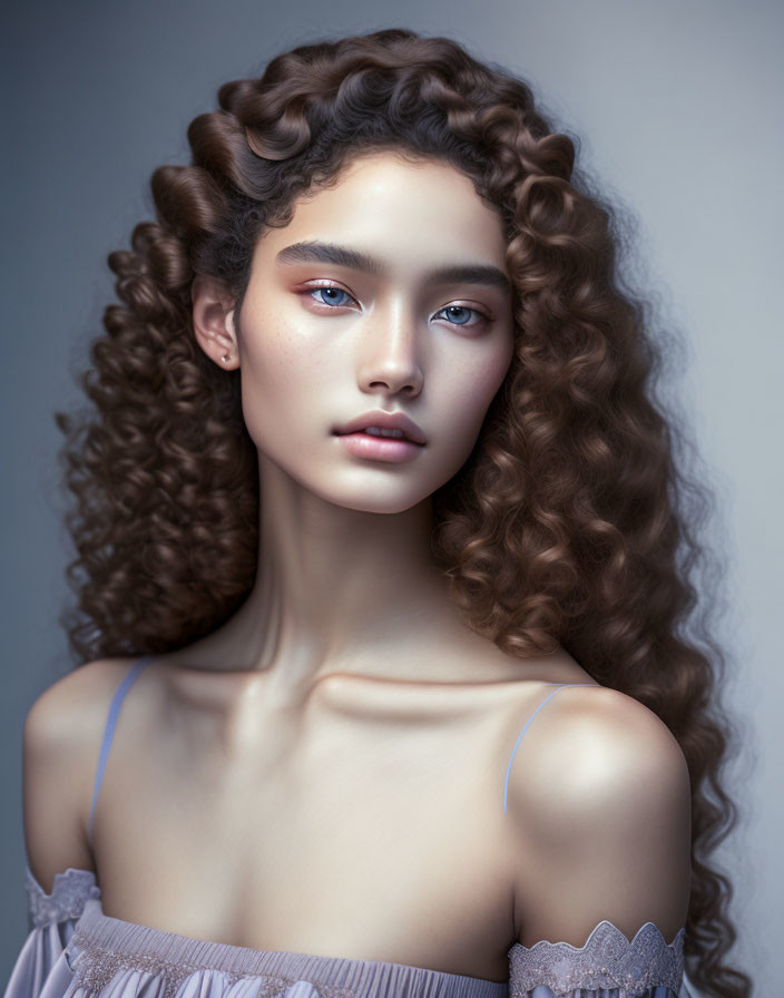 Portrait of young woman with curly hair and blue eyes in light blue off-shoulder dress