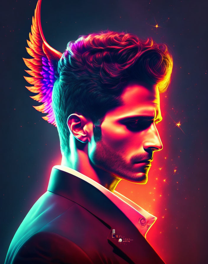 Profile view man with neon angelic wing on dark background