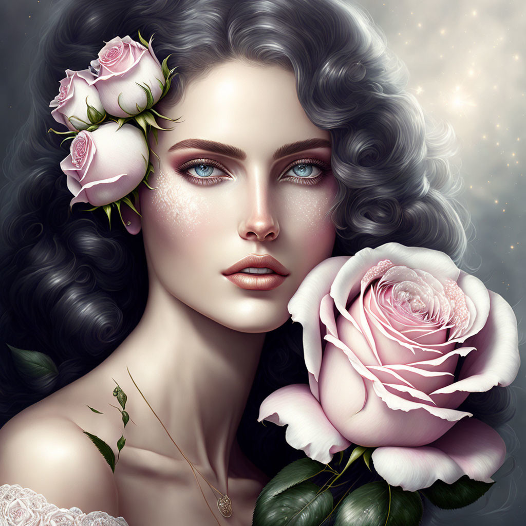 Digital artwork: Woman with curly hair, pink roses, blue eyes, soft glow.