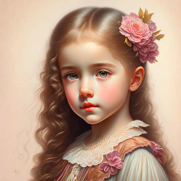 Young girl portrait with long curly hair, pink flower, vintage dress, contemplative expression