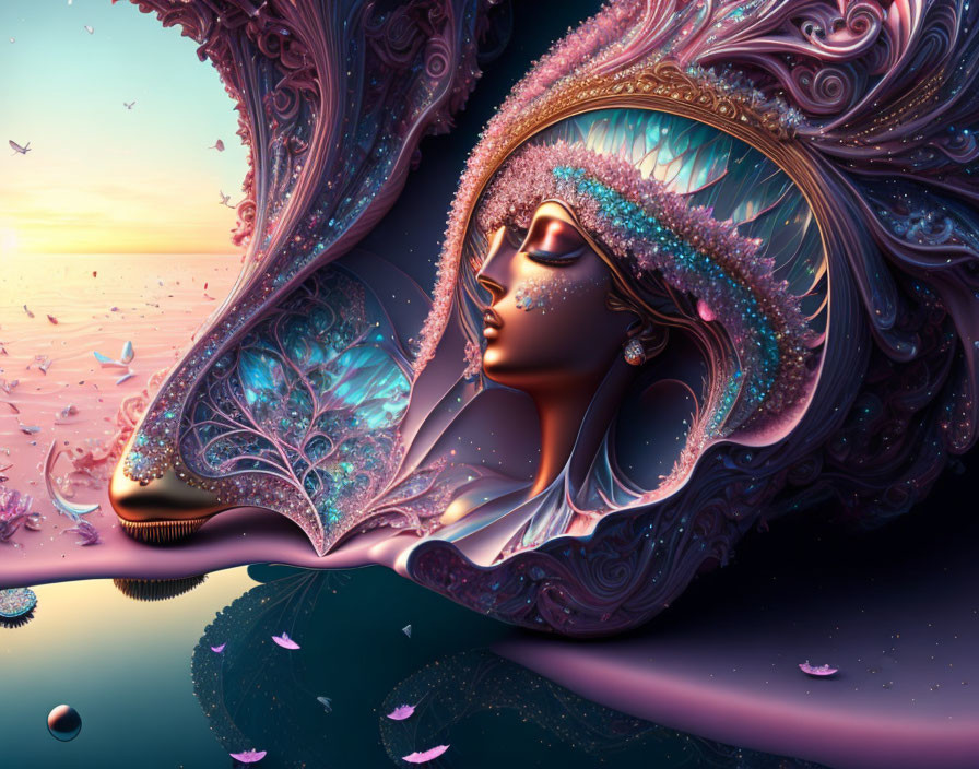 Surreal digital artwork: Woman with ornate headgear in pink and blue, set against serene