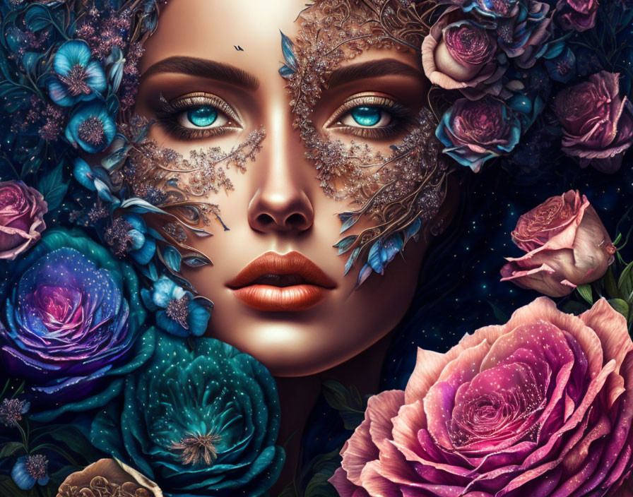 Woman's face digital artwork with floral and cosmic elements