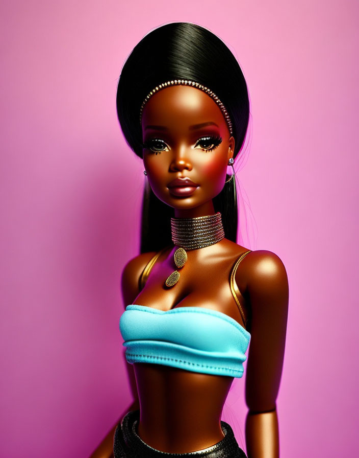 Dark complexion Barbie doll in blue top on pink background