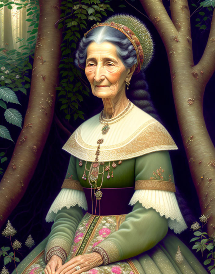 Serene elderly woman in green dress with lace detail, surrounded by trees