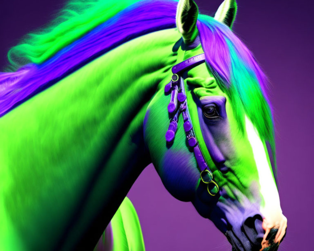 Digitally Altered Horse Image with Vibrant Green and Purple Hair