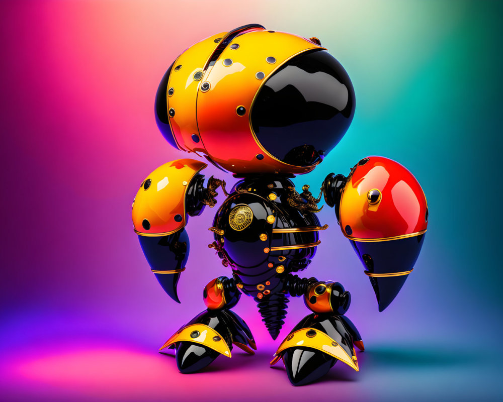 Colorful robotic figure with spherical helmet and claw-like appendages on vibrant background