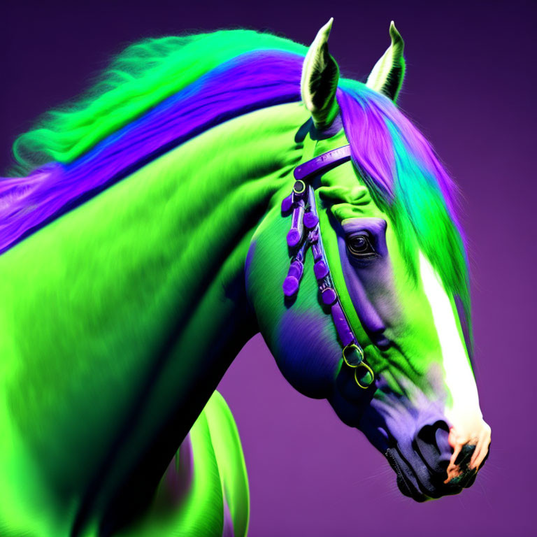 Digitally Altered Horse Image with Vibrant Green and Purple Hair