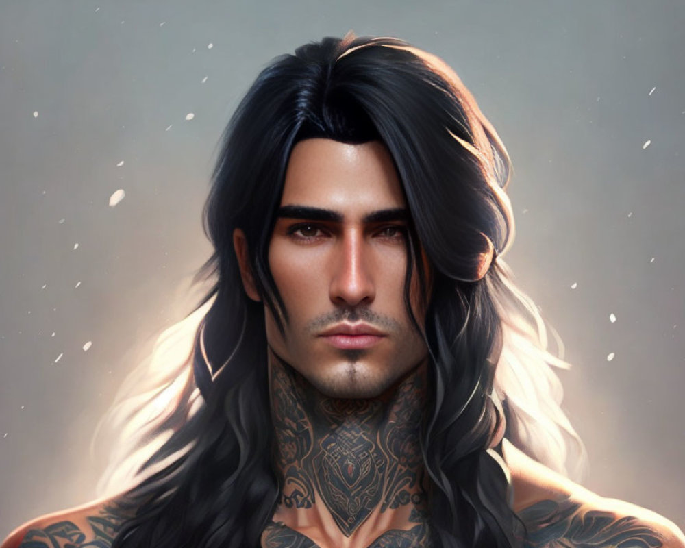Detailed digital portrait of a man with long black hair, piercing gaze, and neck tattoos