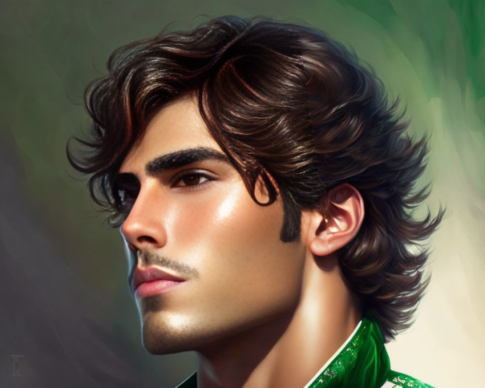 Young man with wavy hair in green satin shirt against abstract background
