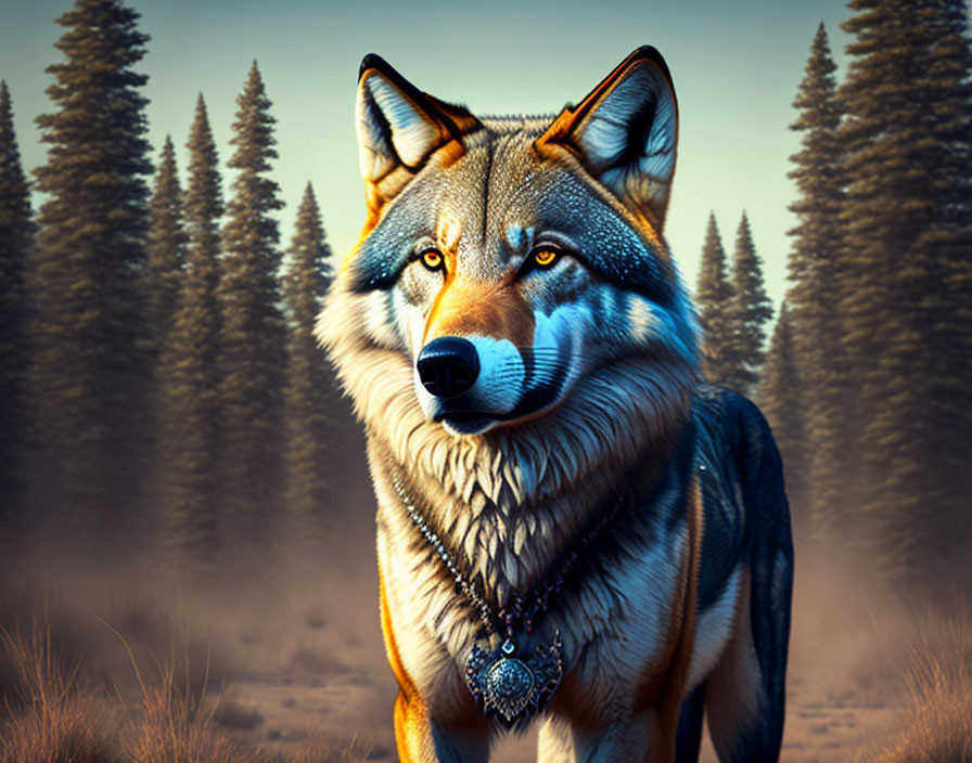 Majestic wolf with piercing eyes in forest clearing wears amulet