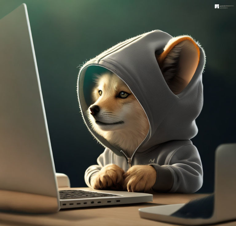 Corgi Dog in Hooded Jacket Using Laptop Illustration