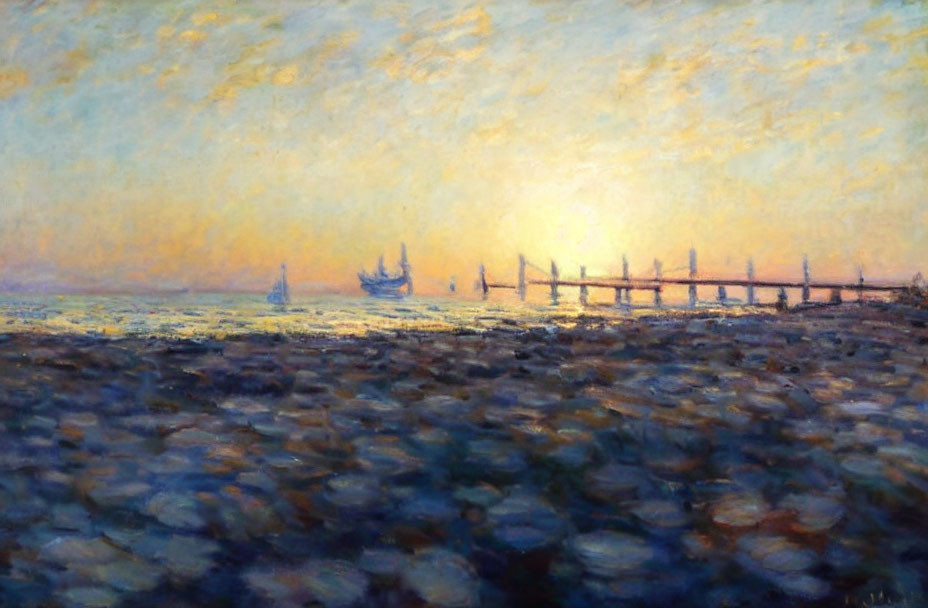 Seascape painting: Impressionist style with golden sky, distant pier, and ships on cob